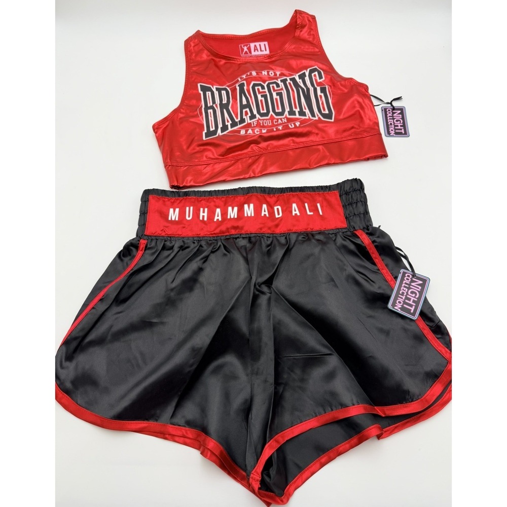 Muhammad Ali Womens Boxing Set Small Red Black Satin Shorts Crop Top NWT